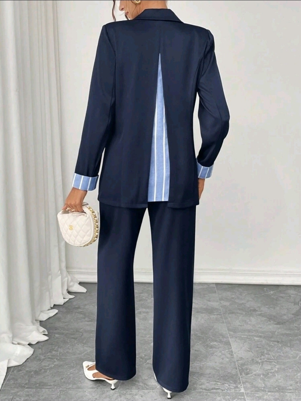 SHEIN Navy Blue Two-Piece Pantsuit with Light Blue Stripe Accents - Picture 2 of 16